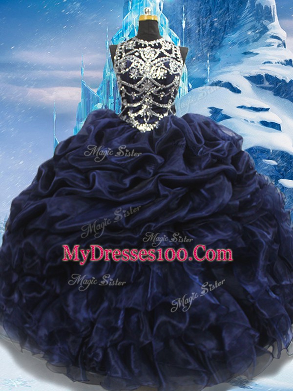 Navy Blue Sleeveless Appliques and Ruffles and Pick Ups Floor Length 15 Quinceanera Dress
