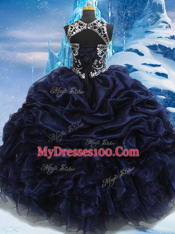 Navy Blue Sleeveless Appliques and Ruffles and Pick Ups Floor Length 15 Quinceanera Dress