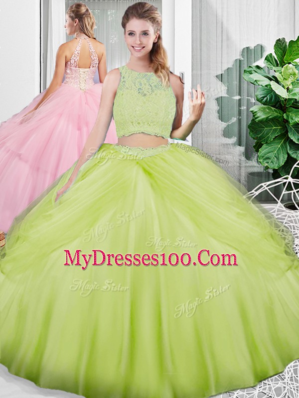 Traditional Scoop Sleeveless Lace Up 15th Birthday Dress Yellow Green Tulle