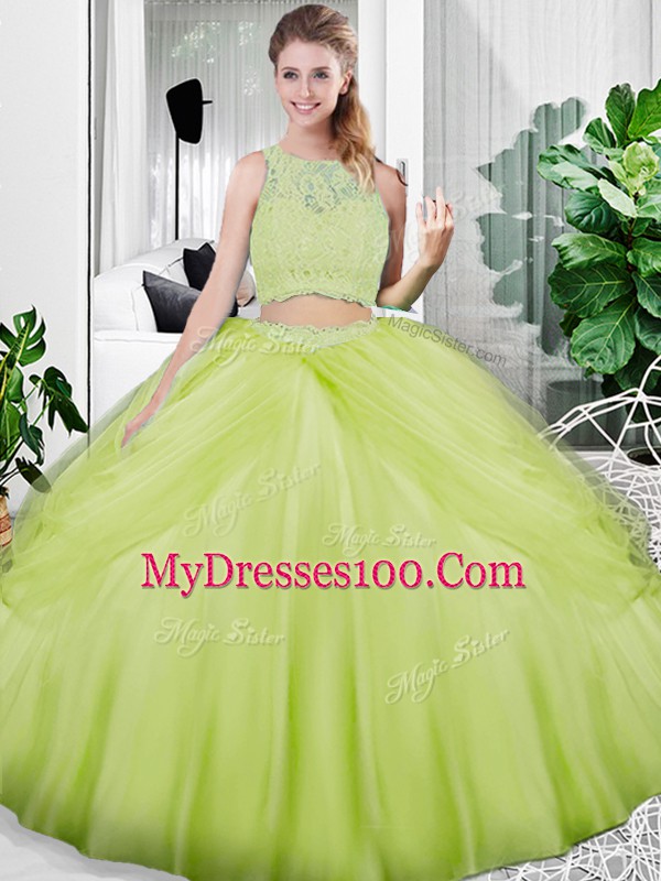 Traditional Scoop Sleeveless Lace Up 15th Birthday Dress Yellow Green Tulle