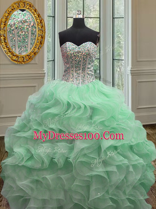 Floor Length Lace Up Ball Gown Prom Dress Apple Green for Military Ball and Sweet 16 and Quinceanera with Ruffles