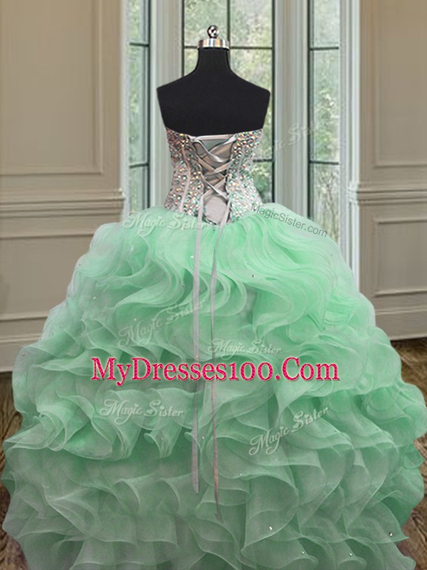 Floor Length Lace Up Ball Gown Prom Dress Apple Green for Military Ball and Sweet 16 and Quinceanera with Ruffles