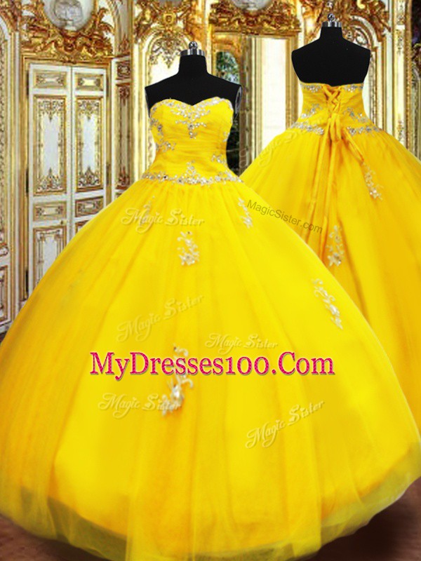 Vintage Gold Tulle Lace Up Sweetheart Sleeveless Floor Length 15 Quinceanera Dress Beading and Appliques
