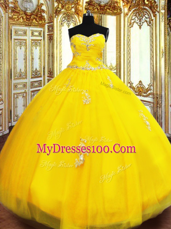 Vintage Gold Tulle Lace Up Sweetheart Sleeveless Floor Length 15 Quinceanera Dress Beading and Appliques