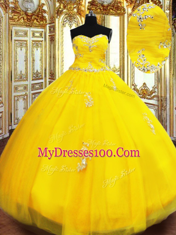Vintage Gold Tulle Lace Up Sweetheart Sleeveless Floor Length 15 Quinceanera Dress Beading and Appliques