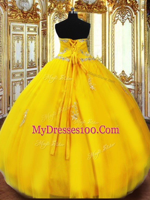 Vintage Gold Tulle Lace Up Sweetheart Sleeveless Floor Length 15 Quinceanera Dress Beading and Appliques