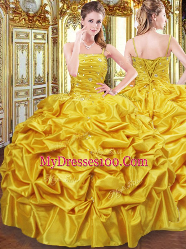 Fitting Beading and Pick Ups Sweet 16 Dresses Gold Lace Up Sleeveless Floor Length