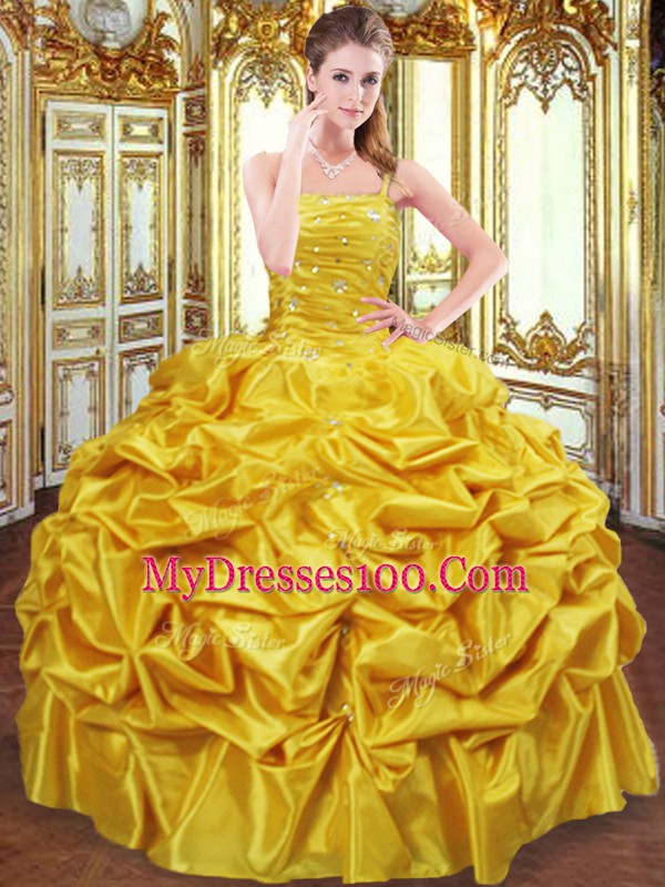 Fitting Beading and Pick Ups Sweet 16 Dresses Gold Lace Up Sleeveless Floor Length