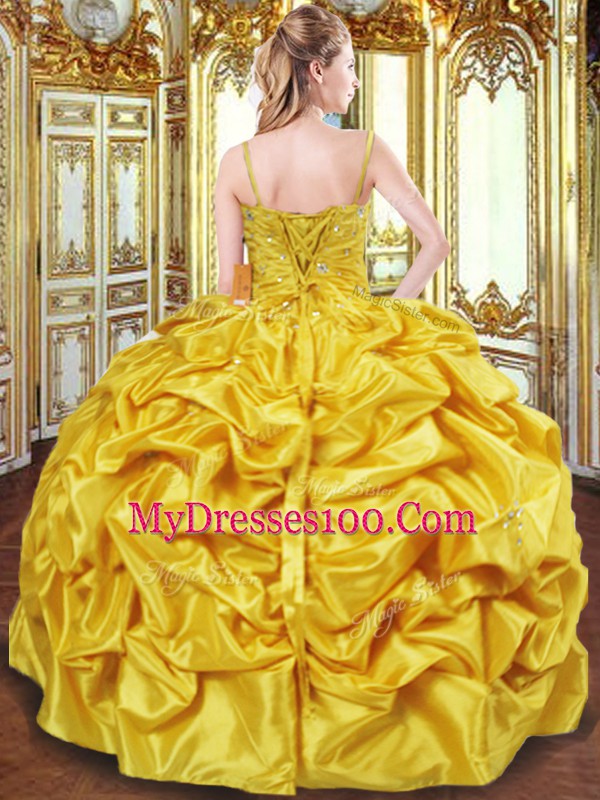 Fitting Beading and Pick Ups Sweet 16 Dresses Gold Lace Up Sleeveless Floor Length