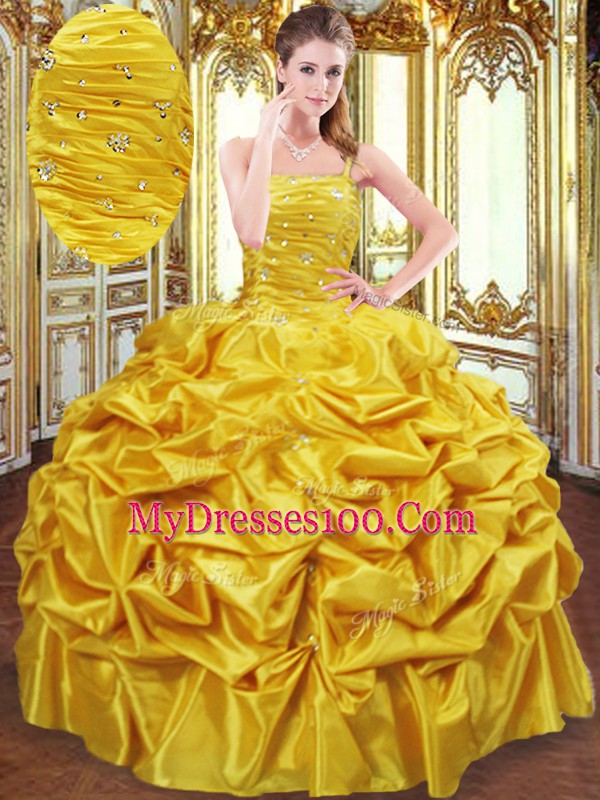 Fitting Beading and Pick Ups Sweet 16 Dresses Gold Lace Up Sleeveless Floor Length