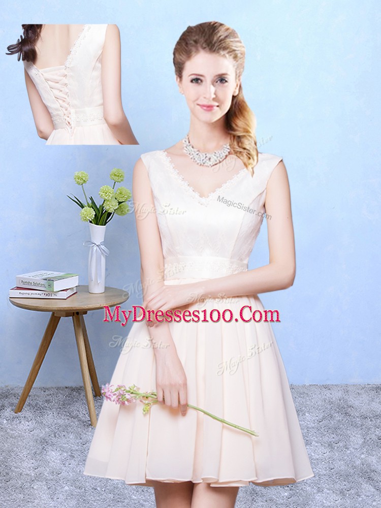 Champagne Empire Chiffon V-neck Sleeveless Ruching Knee Length Lace Up Wedding Guest Dresses