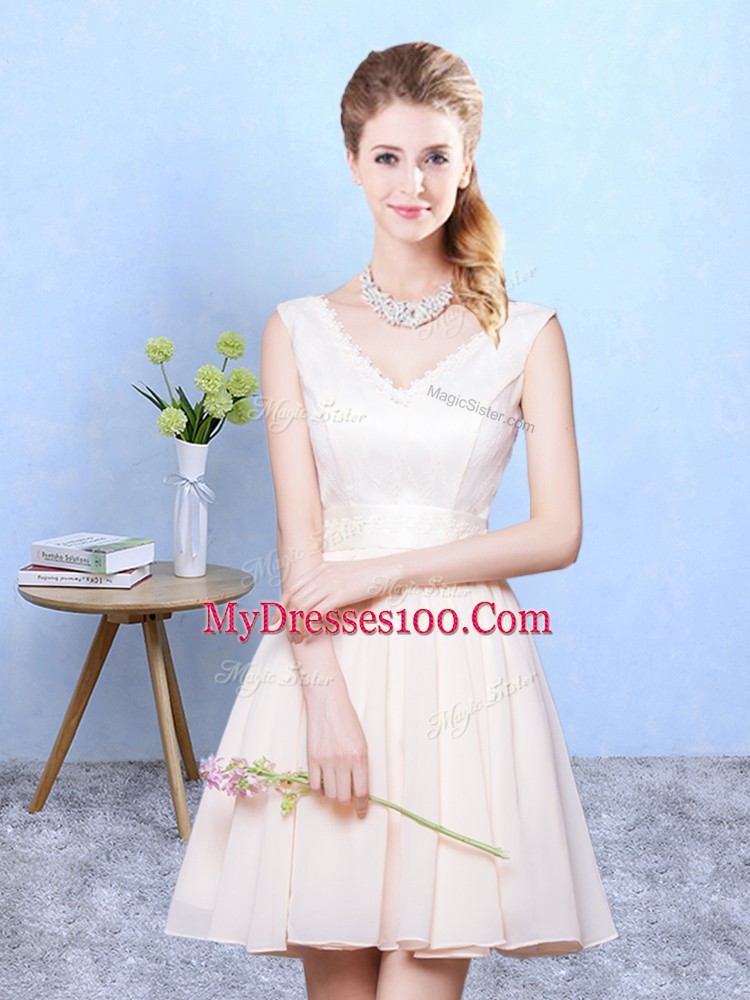 Champagne Empire Chiffon V-neck Sleeveless Ruching Knee Length Lace Up Wedding Guest Dresses