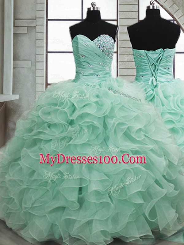 Sumptuous Sleeveless Floor Length Beading and Ruffles Lace Up Sweet 16 Dresses with Apple Green
