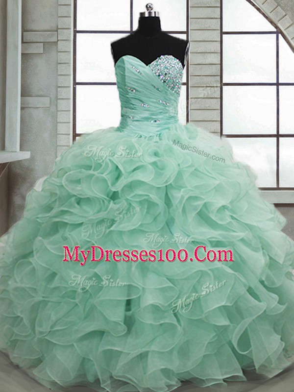 Sumptuous Sleeveless Floor Length Beading and Ruffles Lace Up Sweet 16 Dresses with Apple Green