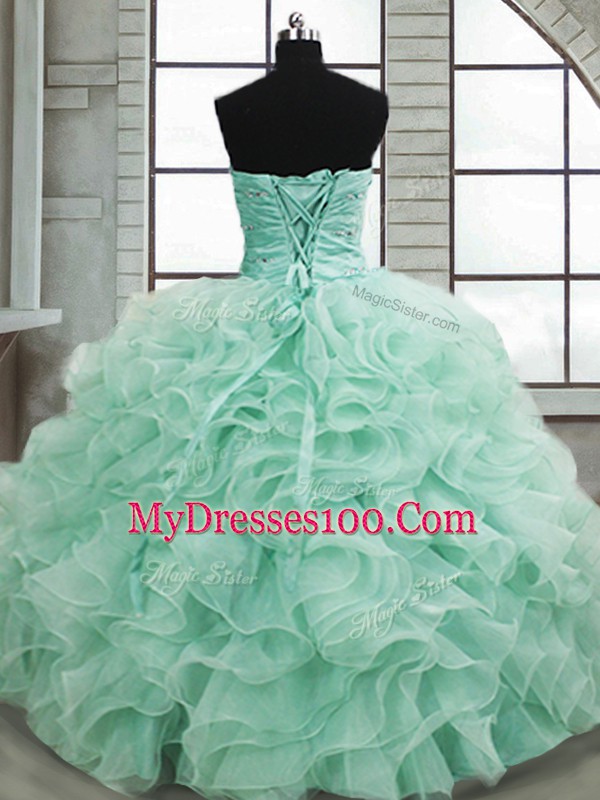 Sumptuous Sleeveless Floor Length Beading and Ruffles Lace Up Sweet 16 Dresses with Apple Green