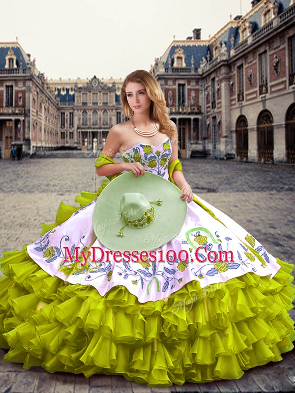 Fancy Olive Green Sweetheart Neckline Embroidery and Ruffled Layers Sweet 16 Dress Sleeveless Lace Up