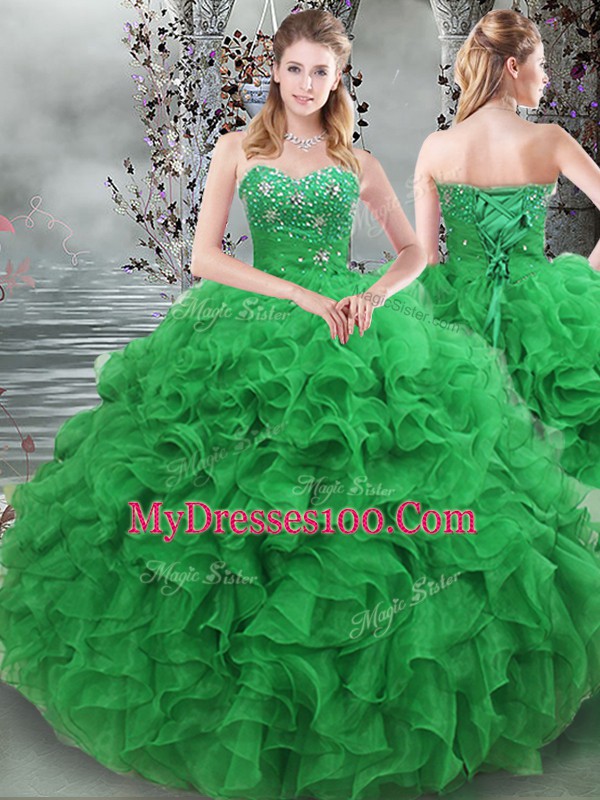 Green 15th Birthday Dress Military Ball and Sweet 16 with Beading and Ruffles Sweetheart Sleeveless Lace Up