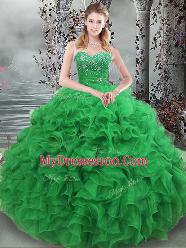 Green 15th Birthday Dress Military Ball and Sweet 16 with Beading and Ruffles Sweetheart Sleeveless Lace Up