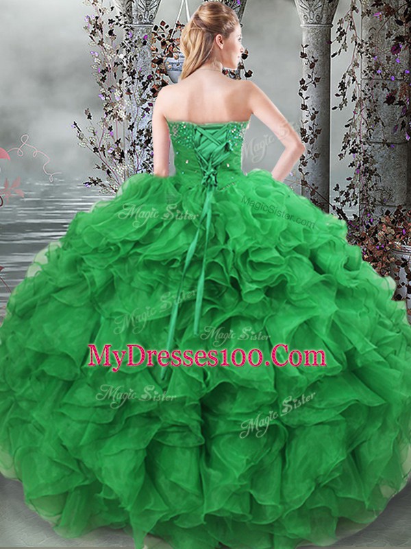Green 15th Birthday Dress Military Ball and Sweet 16 with Beading and Ruffles Sweetheart Sleeveless Lace Up