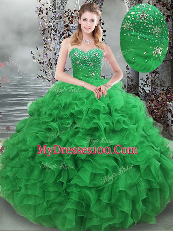 Green 15th Birthday Dress Military Ball and Sweet 16 with Beading and Ruffles Sweetheart Sleeveless Lace Up