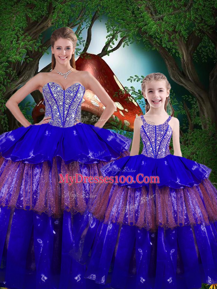 Enchanting Royal Blue Ball Gowns Organza Sweetheart Sleeveless Beading and Ruffled Layers Floor Length Lace Up Vestidos de Quinceanera