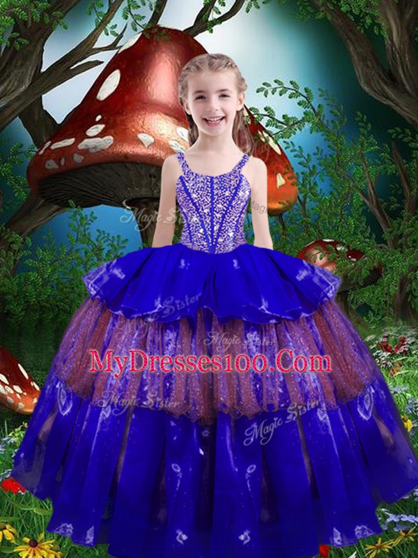 Enchanting Royal Blue Ball Gowns Organza Sweetheart Sleeveless Beading and Ruffled Layers Floor Length Lace Up Vestidos de Quinceanera