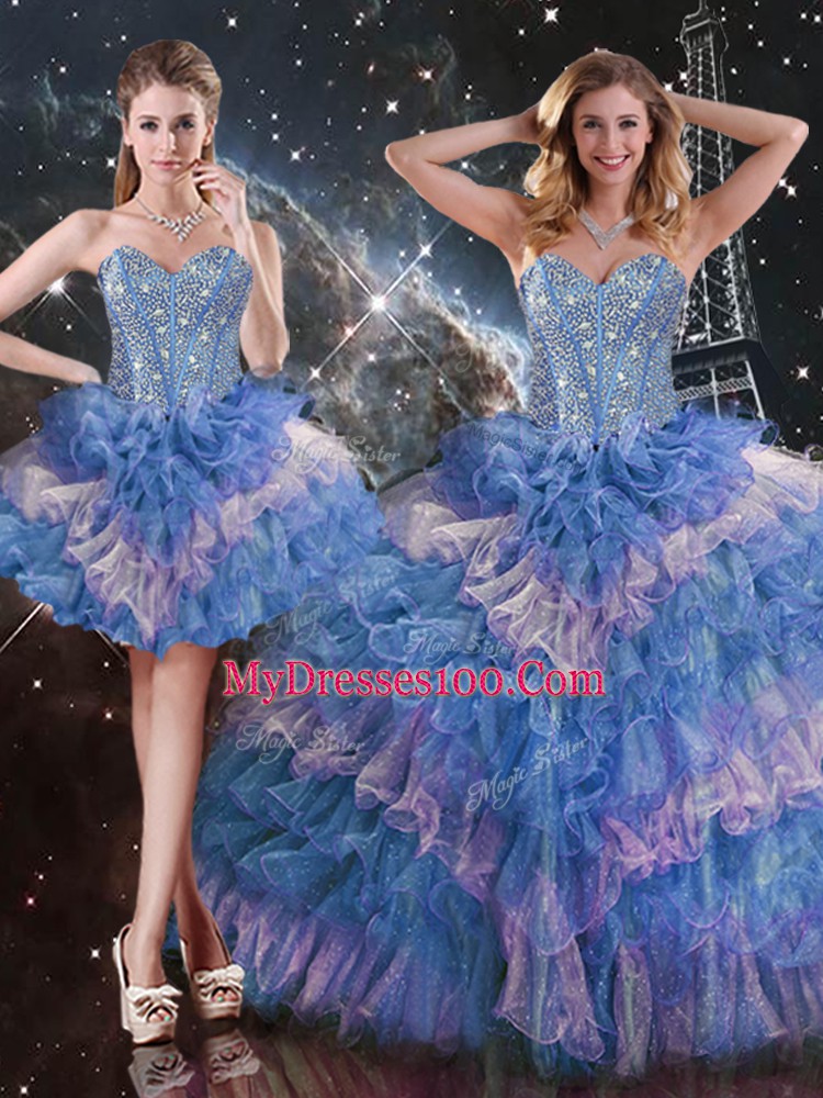 Smart Multi-color Organza Lace Up 15th Birthday Dress Sleeveless Floor Length Beading and Ruffled Layers and Sequins