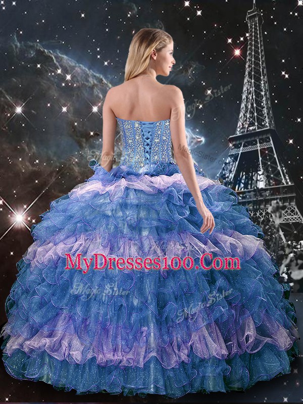 Smart Multi-color Organza Lace Up 15th Birthday Dress Sleeveless Floor Length Beading and Ruffled Layers and Sequins