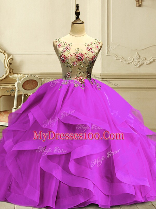 Chic Organza Scoop Sleeveless Lace Up Appliques and Ruffles Quinceanera Gown in Fuchsia