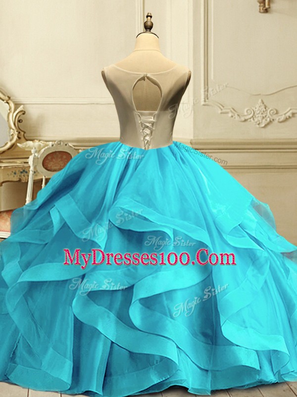 Chic Organza Scoop Sleeveless Lace Up Appliques and Ruffles Quinceanera Gown in Fuchsia