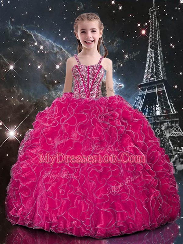 Fuchsia Child Pageant Dress Quinceanera and Wedding Party with Beading and Ruffles Straps Sleeveless Lace Up