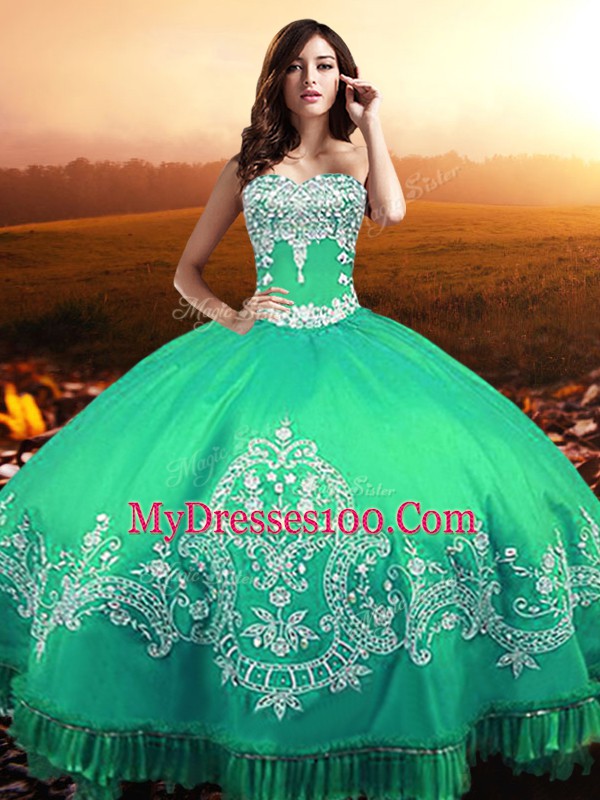 Lovely Turquoise Ball Gowns Sweetheart Sleeveless Taffeta Floor Length Lace Up Beading and Appliques Quinceanera Gowns