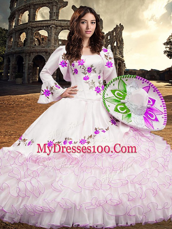 High End Long Sleeves Organza Floor Length Lace Up Ball Gown Prom Dress in White with Embroidery and Ruffled Layers