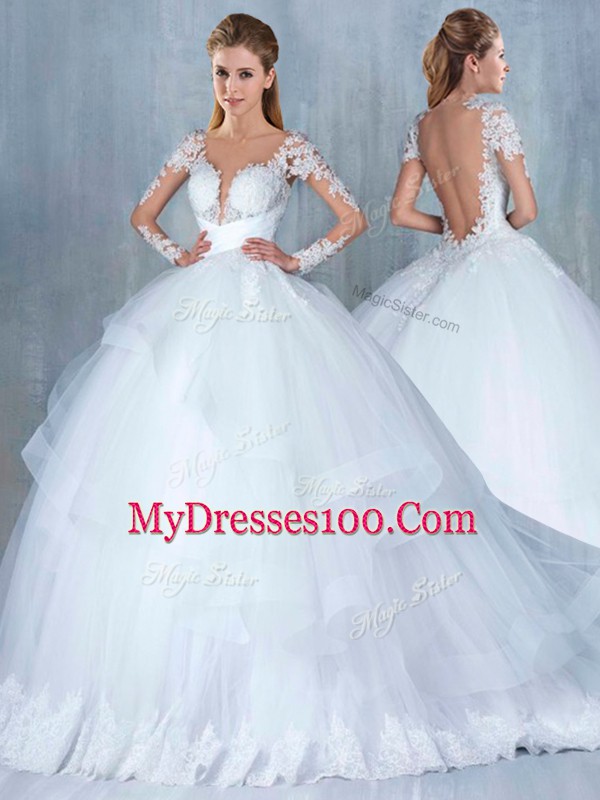 Shining White Ball Gowns Lace and Appliques and Ruffles Wedding Dress Backless Tulle Long Sleeves