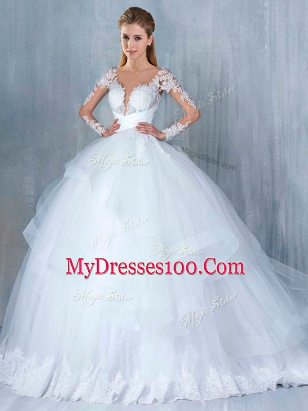 Shining White Ball Gowns Lace and Appliques and Ruffles Wedding Dress Backless Tulle Long Sleeves