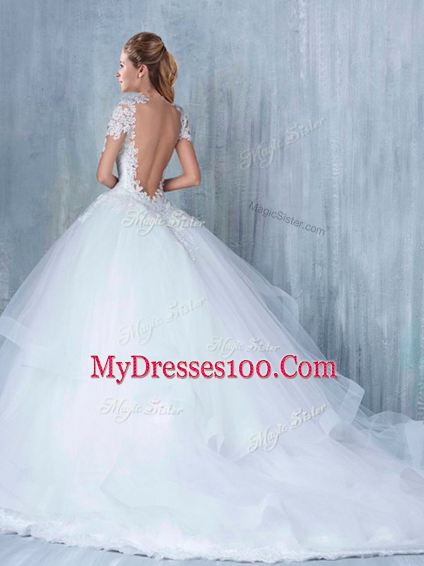 Shining White Ball Gowns Lace and Appliques and Ruffles Wedding Dress Backless Tulle Long Sleeves