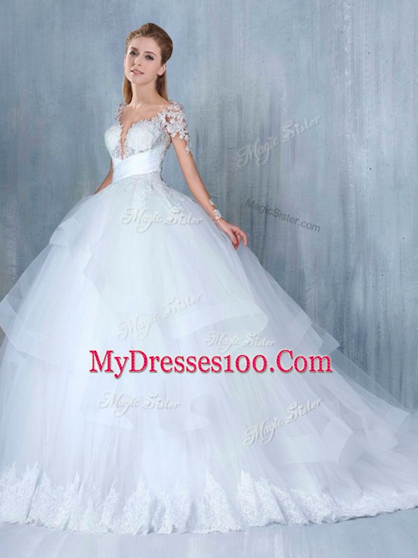 Shining White Ball Gowns Lace and Appliques and Ruffles Wedding Dress Backless Tulle Long Sleeves