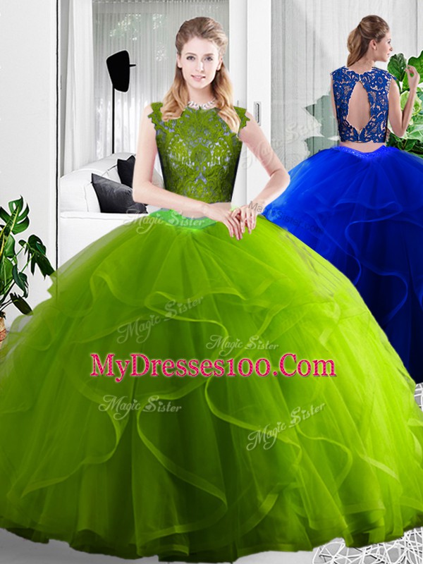 Fitting Floor Length Olive Green 15th Birthday Dress Tulle Sleeveless Lace and Ruffles