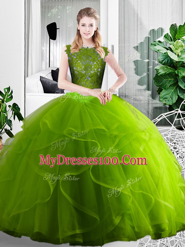 Fitting Floor Length Olive Green 15th Birthday Dress Tulle Sleeveless Lace and Ruffles