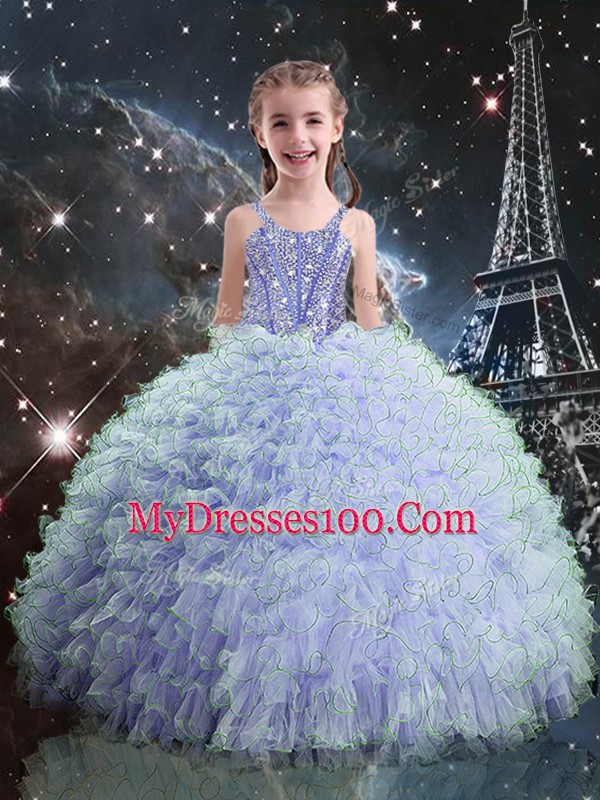 Light Blue Lace Up Pageant Gowns For Girls Beading and Ruffles Sleeveless Floor Length
