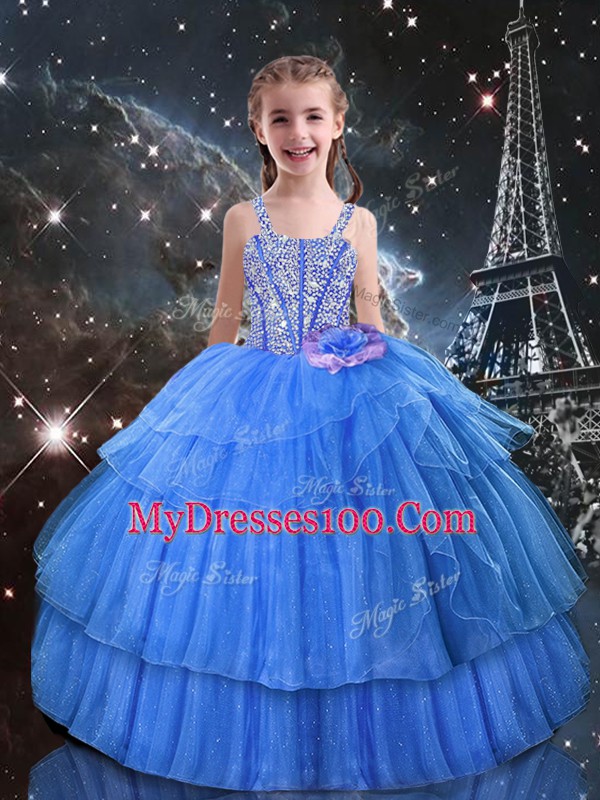 Latest Floor Length Ball Gowns Sleeveless Light Blue Little Girls Pageant Dress Wholesale Lace Up