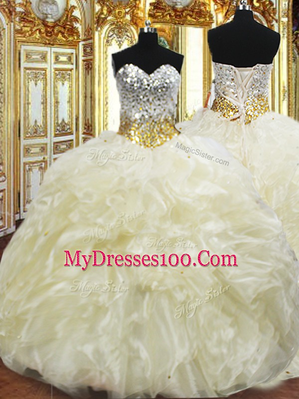 Floor Length Lace Up Quinceanera Dresses Light Yellow for Military Ball and Sweet 16 and Quinceanera with Beading and Ruffles