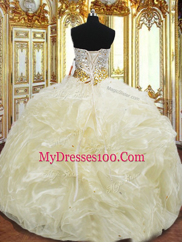 Floor Length Lace Up Quinceanera Dresses Light Yellow for Military Ball and Sweet 16 and Quinceanera with Beading and Ruffles