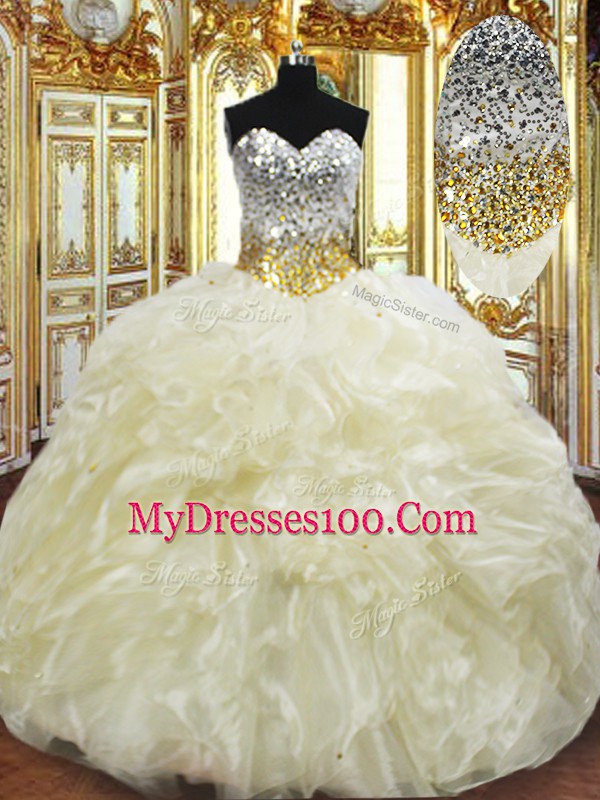 Floor Length Lace Up Quinceanera Dresses Light Yellow for Military Ball and Sweet 16 and Quinceanera with Beading and Ruffles