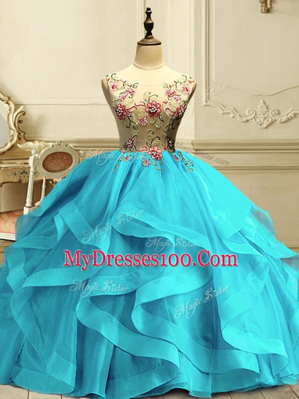 Fashion Sleeveless Floor Length Appliques and Ruffles Lace Up Vestidos de Quinceanera with Aqua Blue
