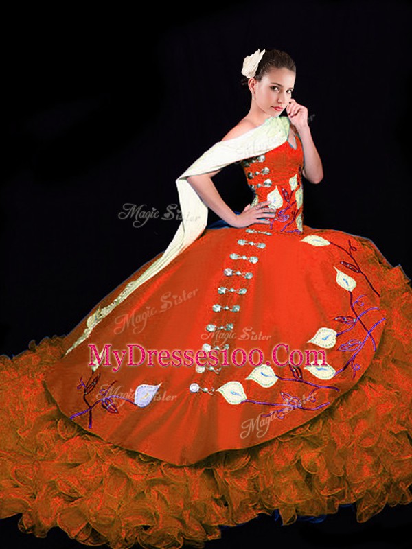 Sleeveless Taffeta Brush Train Lace Up Sweet 16 Dress in Rust Red with Embroidery and Ruffles