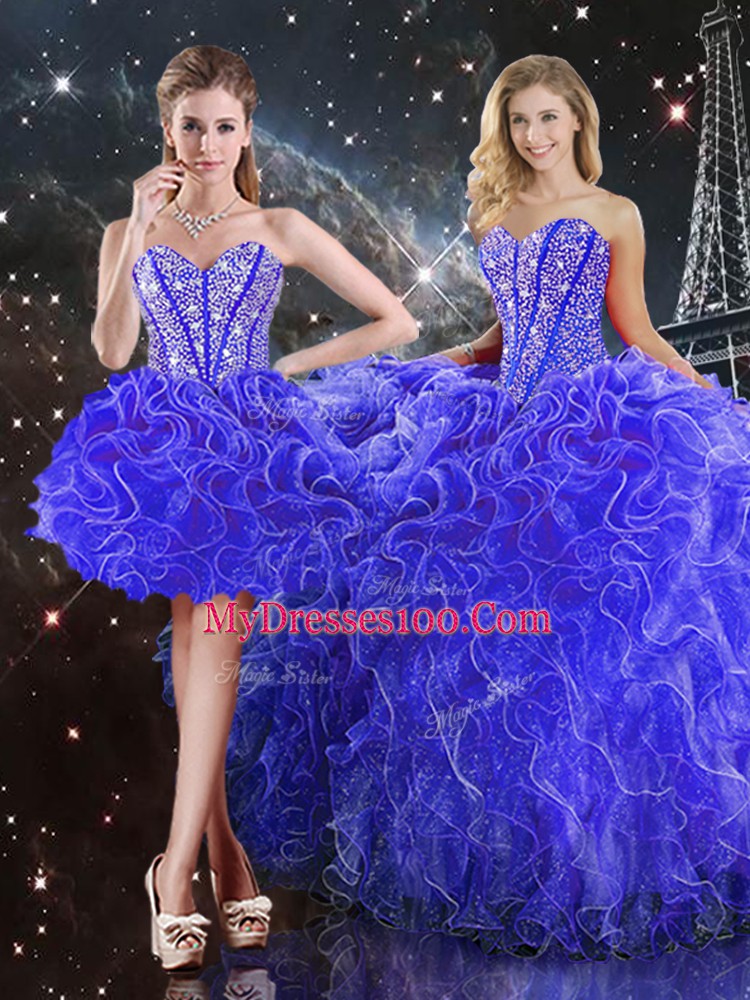 Cheap Floor Length Lace Up Quinceanera Gowns Blue for Military Ball and Sweet 16 and Quinceanera with Beading and Ruffles