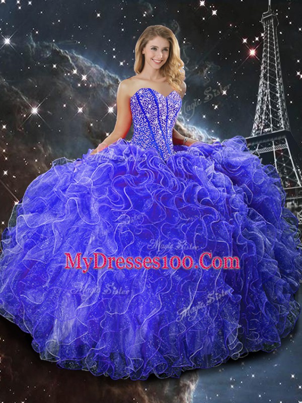 Cheap Floor Length Lace Up Quinceanera Gowns Blue for Military Ball and Sweet 16 and Quinceanera with Beading and Ruffles