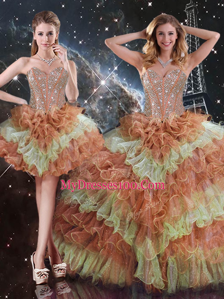Multi-color Three Pieces Sweetheart Sleeveless Organza Floor Length Lace Up Beading and Ruffled Layers Ball Gown Prom Dress