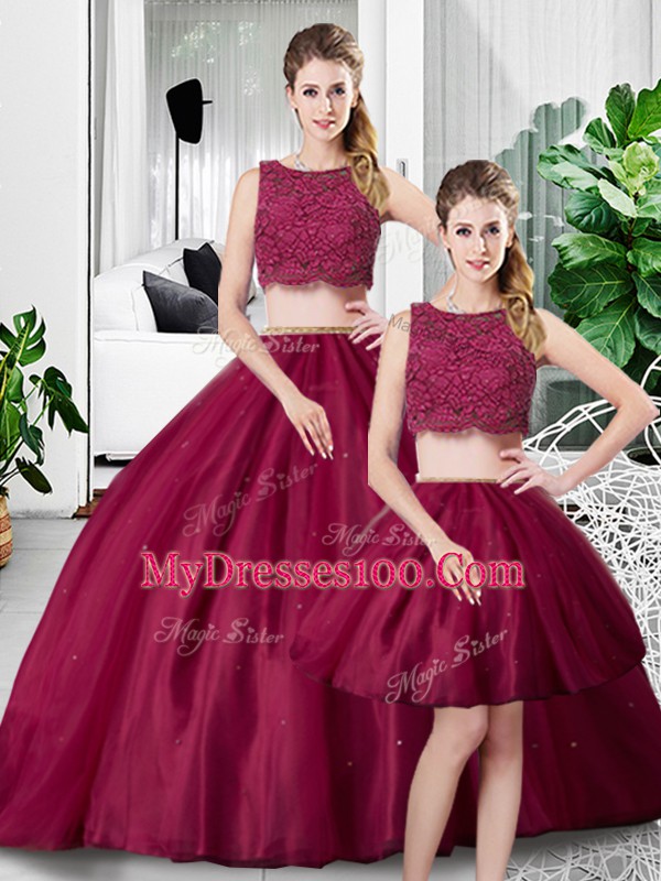 Flare Two Pieces Sweet 16 Dresses Fuchsia Scoop Tulle Sleeveless Floor Length Zipper